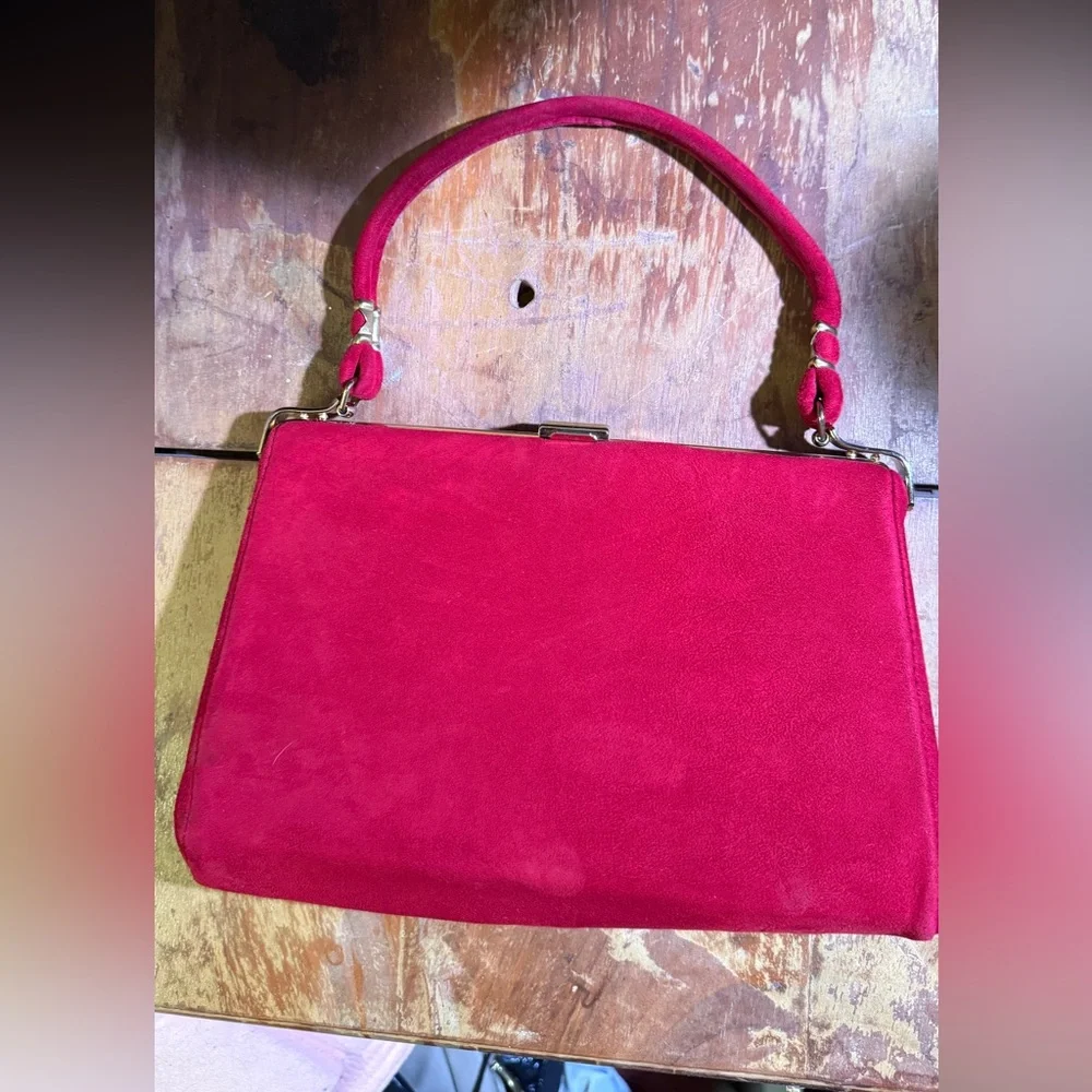 Vintage 60s Red Suede Women's Kisslock Bag - Picture 1 of 6